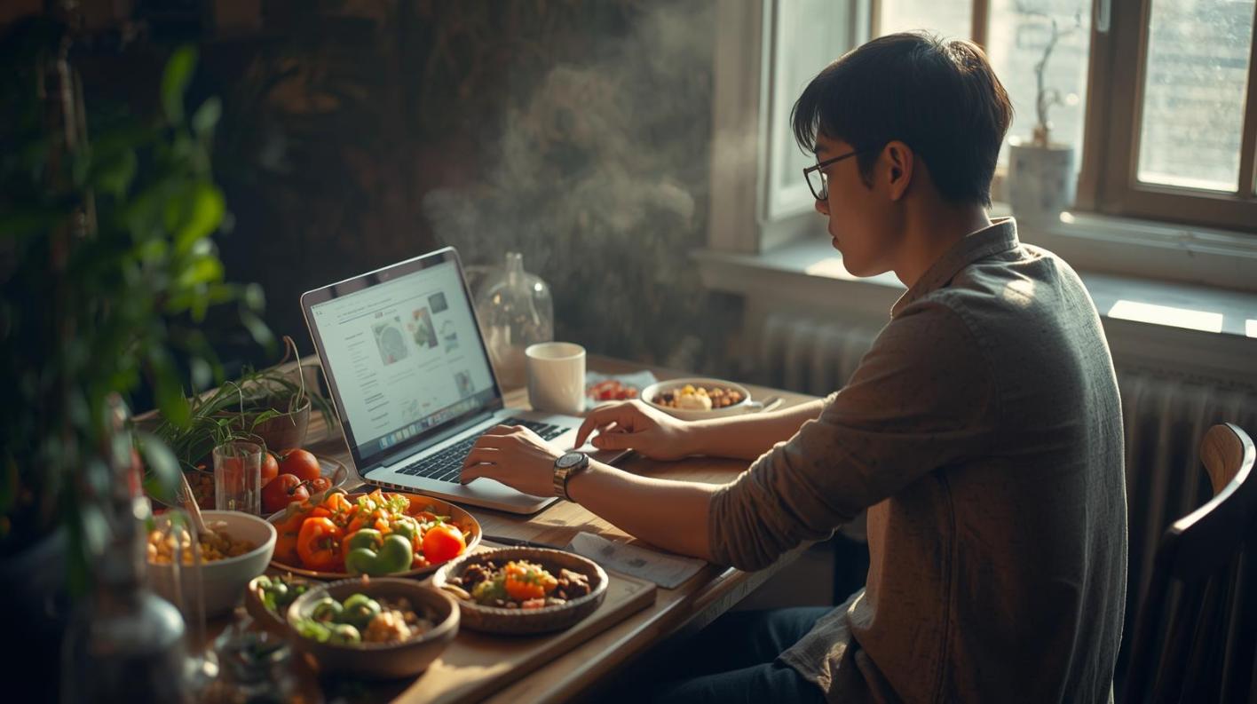 Food blogger works on laptop beside homemade dishes, fresh vegetables, and coffee.
