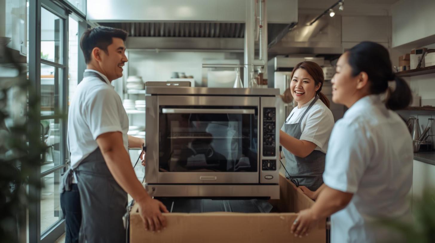 Movers carefully transporting restaurant oven with chef observing inside bright kitchen space