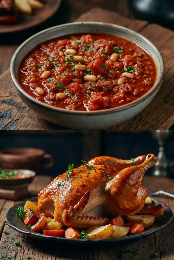 Healthy chili and roasted chicken meals styled with a medieval fantasy atmosphere
